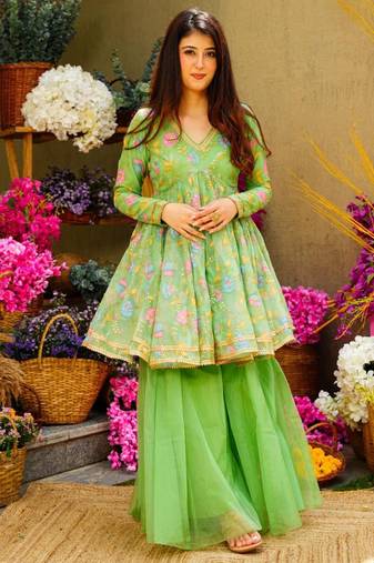 Fusionic green sequins work anarkali-salwar-kameez with dupatta