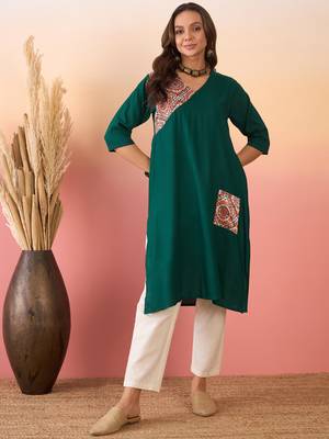 Green orange foil patch pocket v neck kurta 1