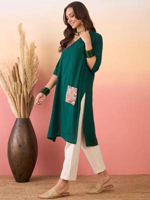 Green orange foil patch pocket v neck kurta 2