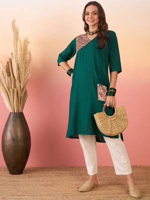 Green orange foil patch pocket v neck kurta 5