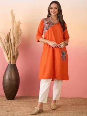 Orange multi abstract patch pocket v neck kurta 1