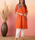 Orange multi abstract patch pocket v neck kurta