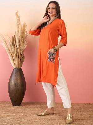 Orange multi abstract patch pocket v neck kurta 2