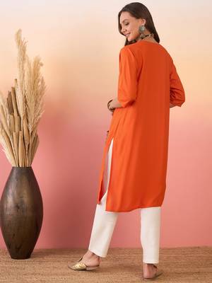 Orange multi abstract patch pocket v neck kurta 3