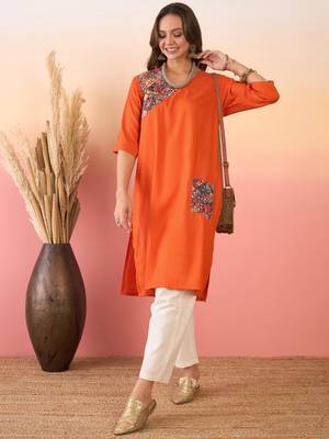 Orange multi abstract patch pocket v neck kurta 5