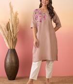 Dirt brown linen pink blue patti v neck kurta