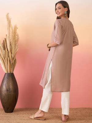 Dirt brown linen pink blue patti v neck kurta 3