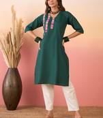 Dark green linen pink blue patti v neck kurta