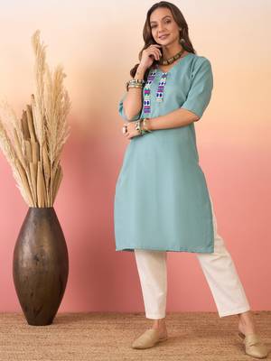 Dusty teal linen pink blue teal patti v neck kurta 1