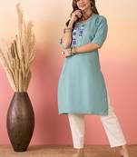 Dusty teal linen pink blue teal patti v neck kurta