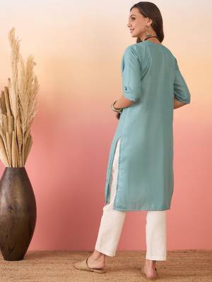 Dusty teal linen pink blue teal patti v neck kurta 3