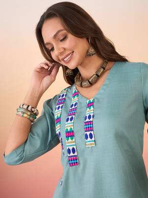 Dusty teal linen pink blue teal patti v neck kurta 4