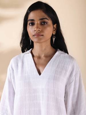 white cotton dobby v-neck co-ord set 2