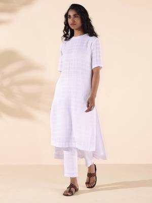 Truebrowns white cotton dobby kurta pant set 1