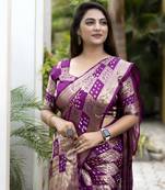 Koram Purple Bandhej Silk With Krigi Bandhej And Zari Weaving Saree With Blouse For Women