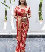 Koram Red Bandhej Silk With Krigi Bandhej And Zari Weaving Saree With Blouse For Women