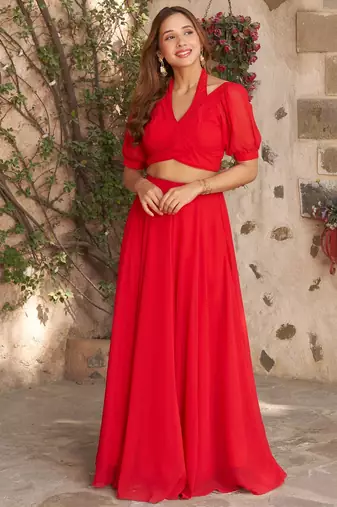 Fusionic red plain georgette lehenga-choli with blouse