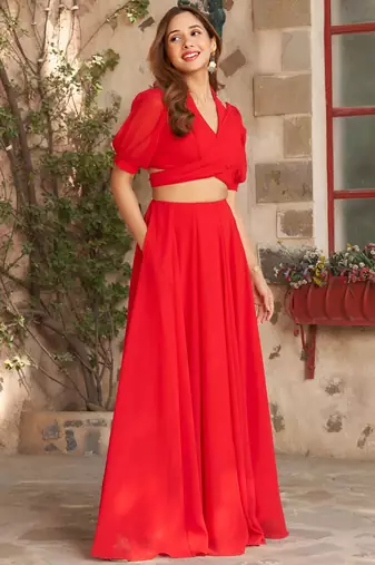 Fusionic red plain georgette lehenga-choli with blouse