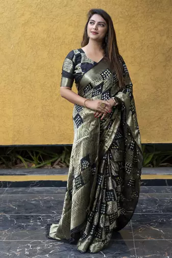 Koram Navy Blue Bandhej Silk With Krigi Bandhej And Zari Weaving Saree With Blouse For Women