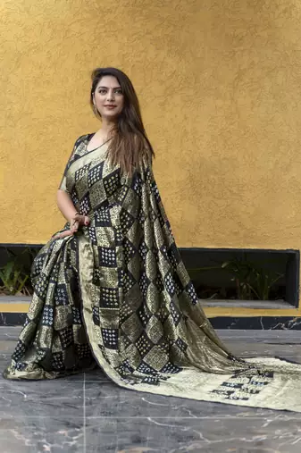Koram Navy Blue Bandhej Silk With Krigi Bandhej And Zari Weaving Saree With Blouse For Women