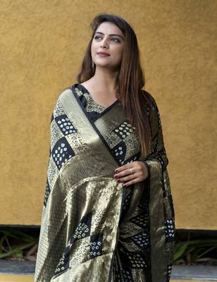 Koram Navy Blue Bandhej Silk With Krigi Bandhej And Zari Weaving Saree With Blouse For Women 3