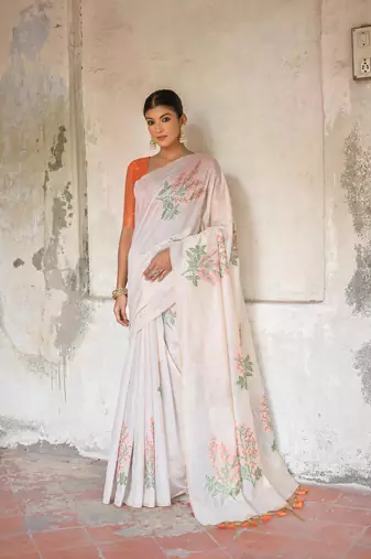 Orange soft muga cotton zari weaving saree festive wear