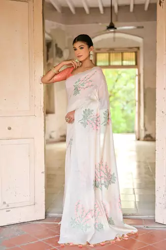Peach soft muga cotton zari weaving saree festive wear