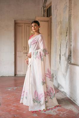 Pink soft muga cotton zari weaving saree festive wear 1