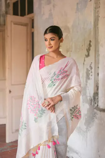 Pink soft muga cotton zari weaving saree festive wear