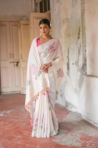 Pink soft muga cotton zari weaving saree festive wear