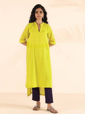  lime cotton dobby high-low kurta pant set 1