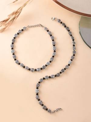 silver-plated flowers & black beaded chain anklet 2