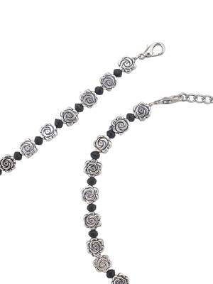 silver-plated flowers & black beaded chain anklet 3