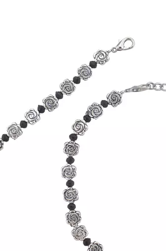 silver-plated flowers & black beaded chain anklet