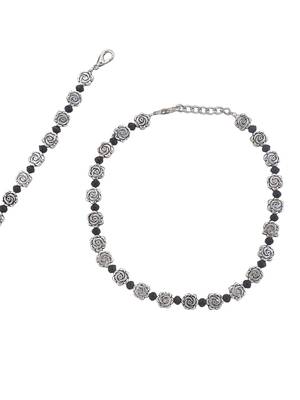 silver-plated flowers & black beaded chain anklet 4