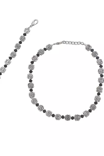 silver-plated flowers & black beaded chain anklet