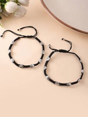 silver-plated flowers & black beaded threaded anklet 2