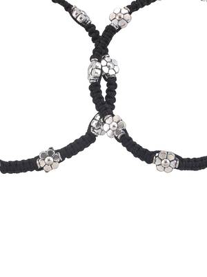 silver-plated flowers & black beaded threaded anklet 3