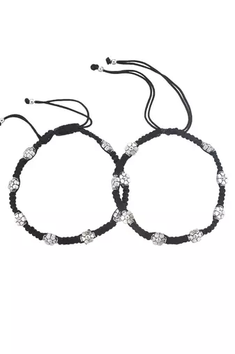silver-plated flowers & black beaded threaded anklet