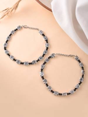 Silver plated elephant & black beded chain ankelt 2