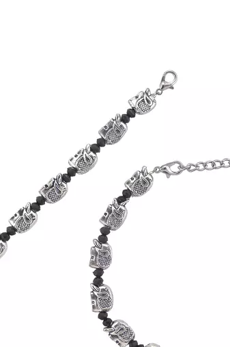Silver plated elephant & black beded chain ankelt