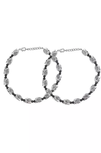 Silver plated elephant & black beded chain ankelt