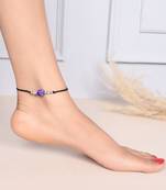 Silver plated  blue charm & beads black thread anklet
