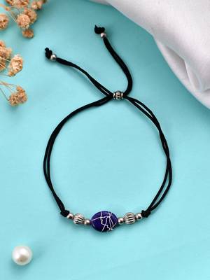 Silver plated  blue charm & beads black thread anklet 2