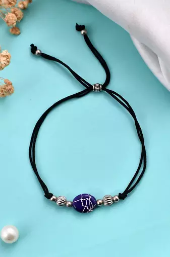 Silver plated  blue charm & beads black thread anklet