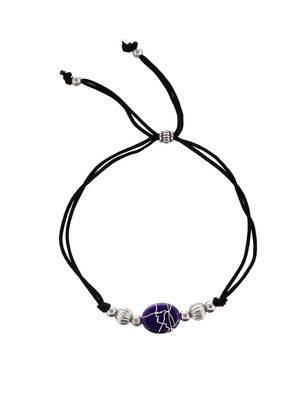 Silver plated  blue charm & beads black thread anklet 3