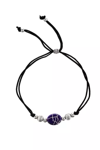 Silver plated  blue charm & beads black thread anklet