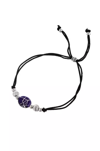 Silver plated  blue charm & beads black thread anklet