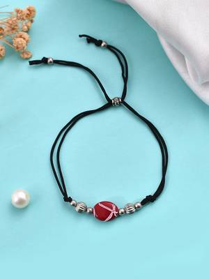 Silver plated red charm & beads black thread anklet 2