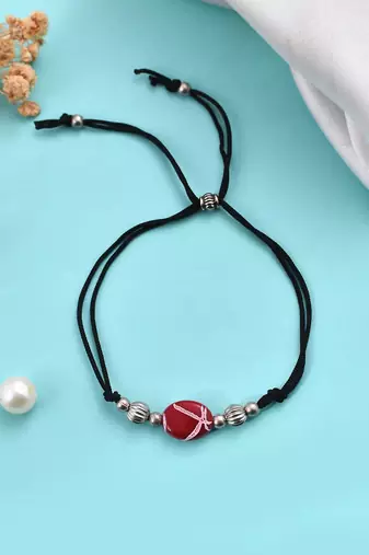Silver plated red charm & beads black thread anklet
